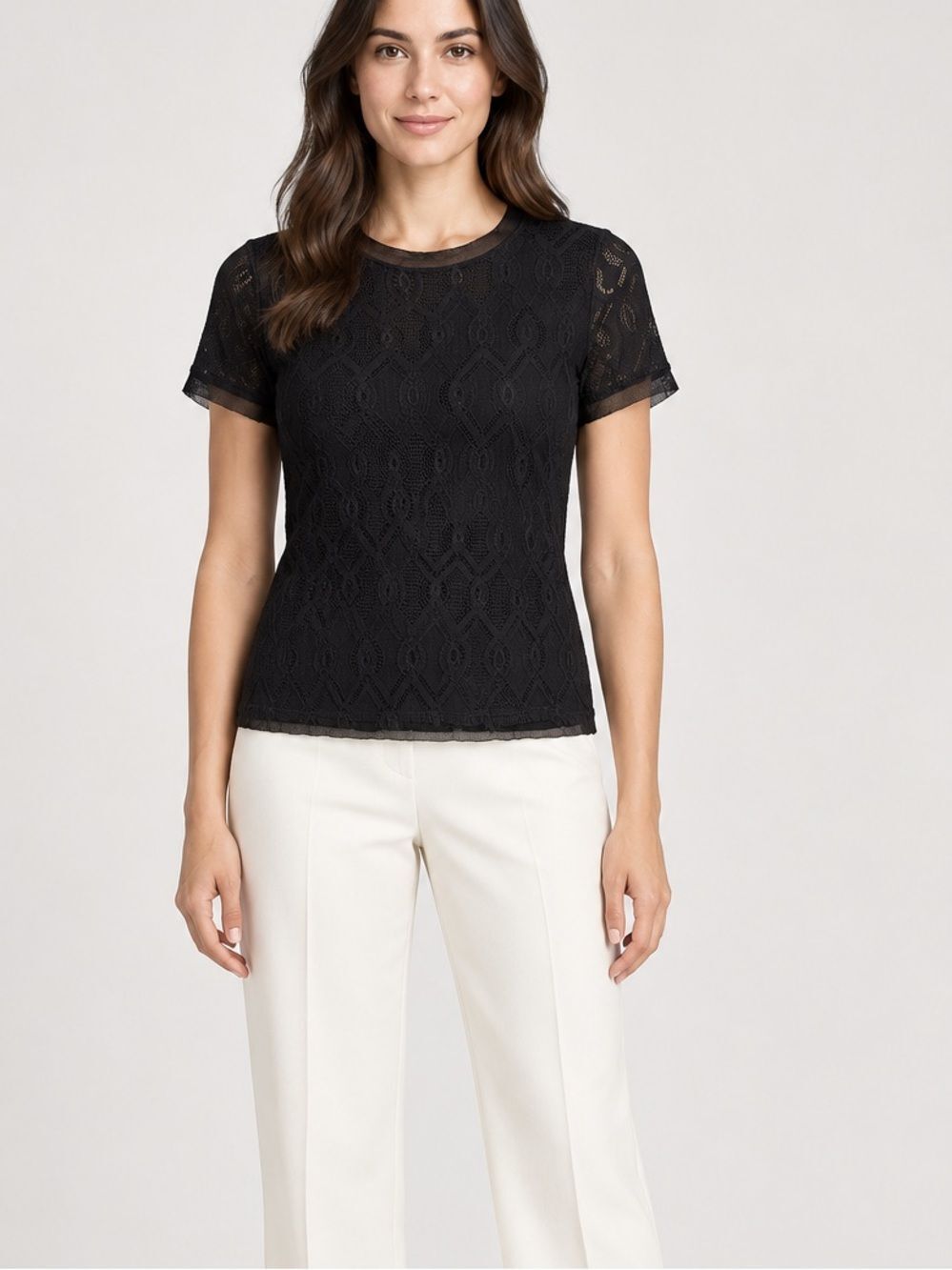 Fuzzi Black Layered Geometric Lace Short Sleeve Top Size L